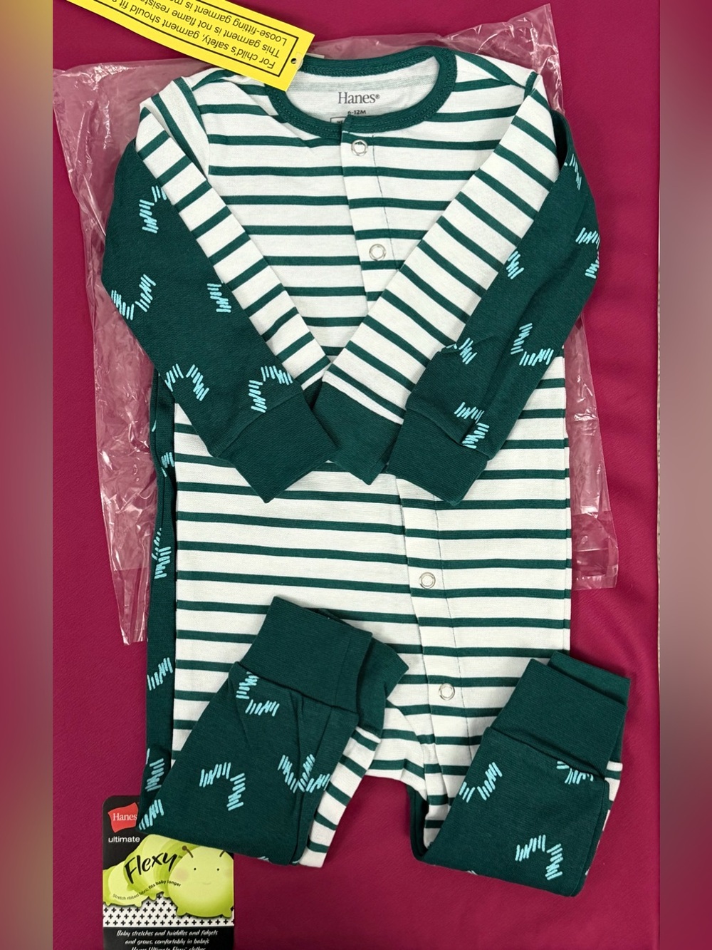 Hanes Flexy Set of 2 Green Striped & Patterned Kids One-Piece Footless Jumper